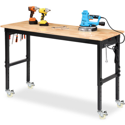 60" Adjustable Workbench on Wheels, Heavy Duty Work Table with Power Outlets, Rubber Wood Workstation for Garage, Workshop, Office, Home, Commercial