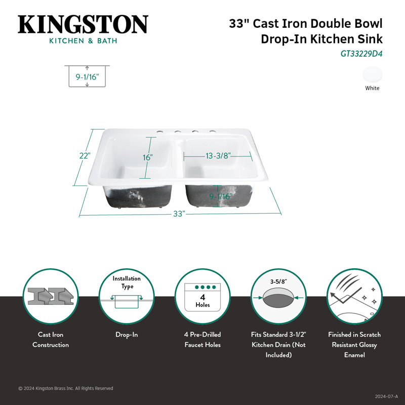 Kingston Brass Petra Galley 33-Inch Cast Iron Self-Rimming Double Bowl Drop-In Kitchen Sink, 4 Hole