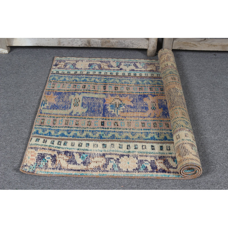Tapis de porte turc rétro tissé à la main dans des motifs géométriques bleus et beiges pour un décor de style bohème
