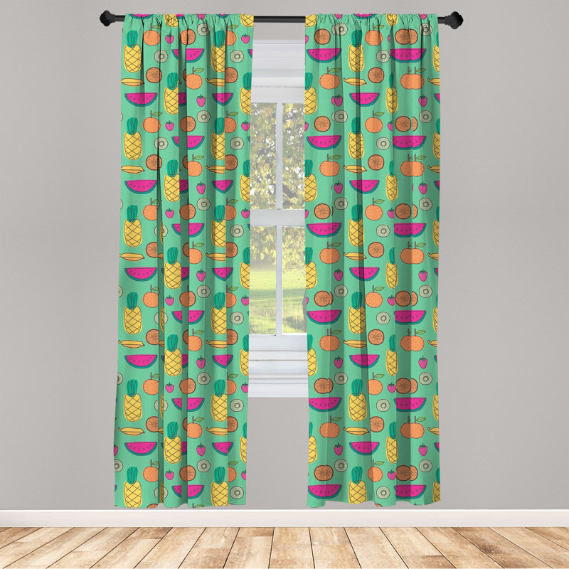 Rideaux à 4 panneaux East Urban Home Tropical, fruits d'été dessinés à la main, pêche foncé et rose vif, L 56 po x L 95 po
