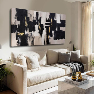 Décoration murale noire et grise abstraite pour le salon, peinture sur toile en feuille d'or, art contemporain pour murs, art noir neutre pour hôtel de bureau 24 po x 48 po