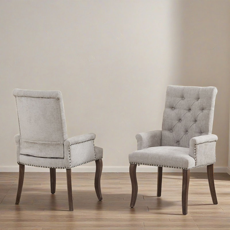 Upholstered Chenille Fabric Accent Dining Chair, Elegant Tufted Club Dining Room Armchair, Beige