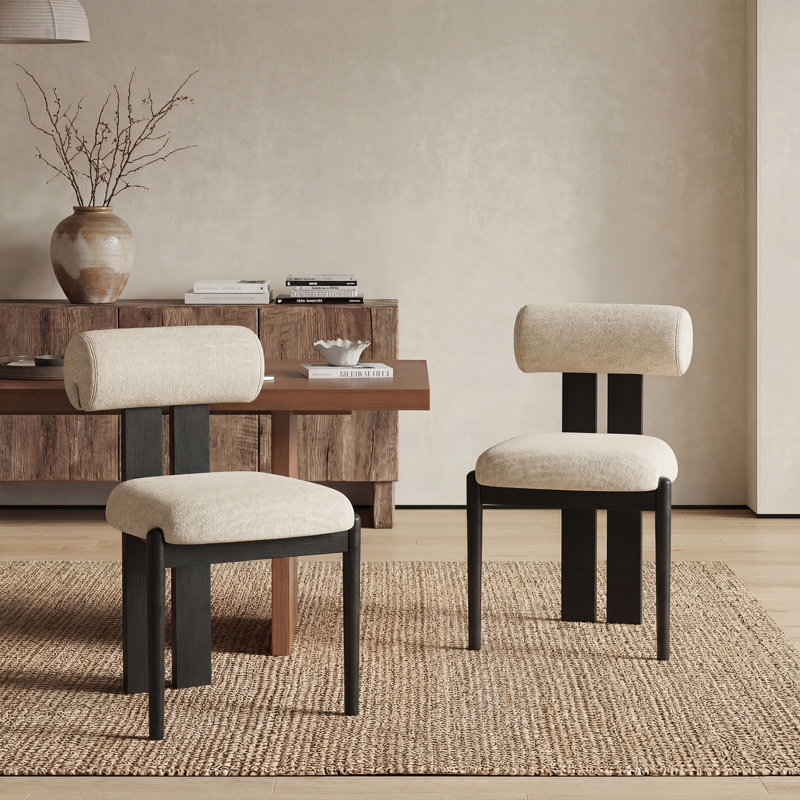 Mid-Century Modern Wooden Dining Chairs, Upholstered Fabric with Sculptural Backrest & Solid Wood Legs, Black, Beige