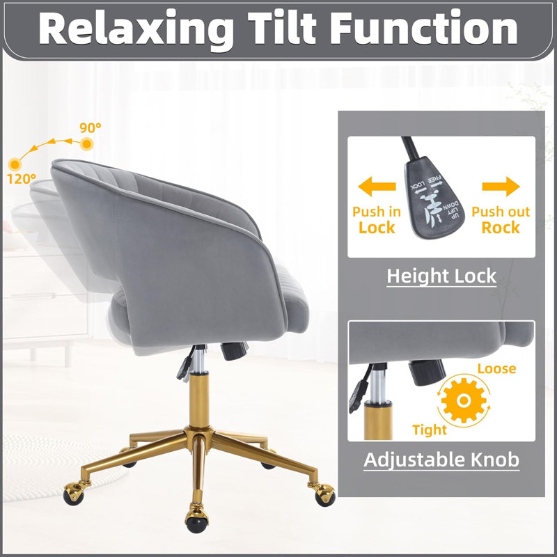 Velvet Desk Chair with Wheels, Home Office Swivel Armchair with Gold Base, Back Incline Adjustable for Vanity Make-up, Gray