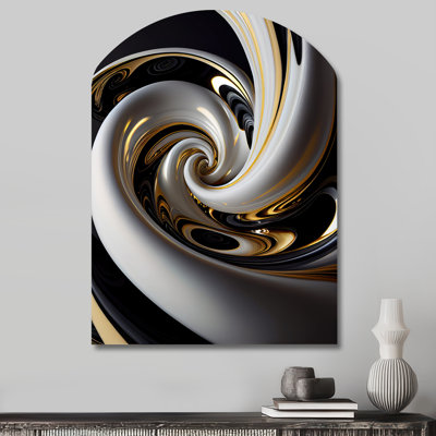 Vitrail doré noir et blanc III - abstrait en spirale sur métal, décoration murale asymétrique moderne en métal