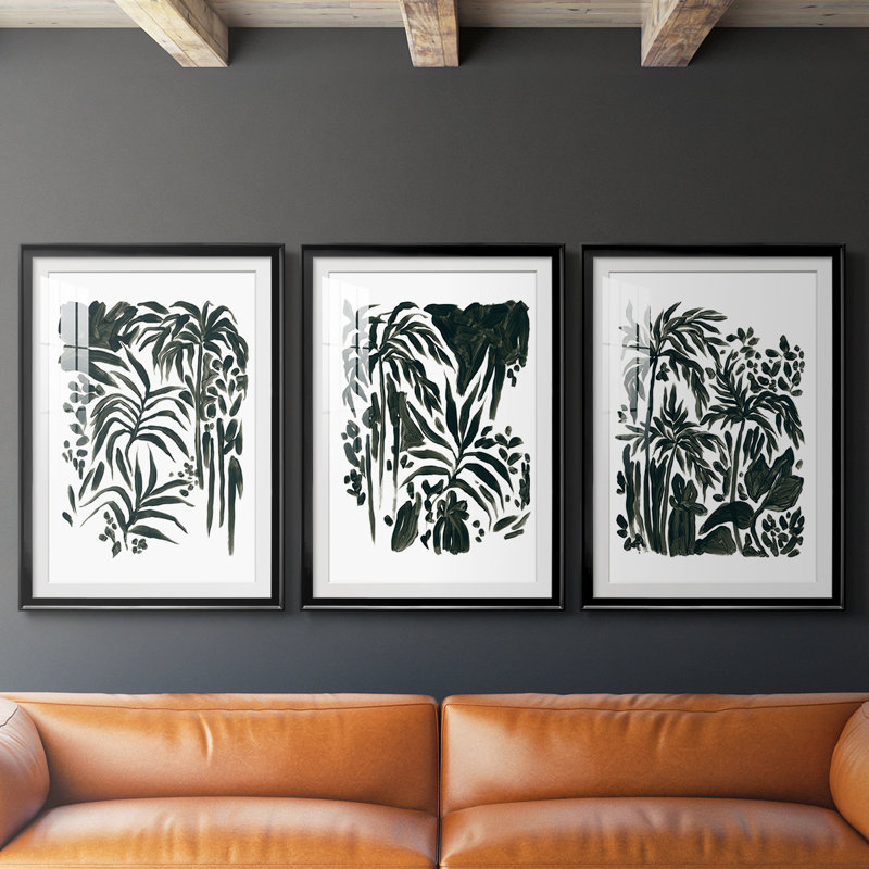 Encre Jungle I - Impression sur mesure encadrée de qualité supérieure - 3 pièces, Noir, H 21 po x l 30 po
