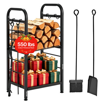 Firewood Rack 15.75 Inch Heavy Duty Indoor Fire Wood Storage Holder, for Fireplace Patio Deck, 550 lbs Load Capacity, 2-Tier Storage Space, Log Stacker Stand Metal Wood Pile Organizer, Black