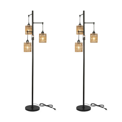 65-Inch Bohemian Farmhouse Floor Lamp, Dimmable 3 E26 UL Sockets Natural Rattan