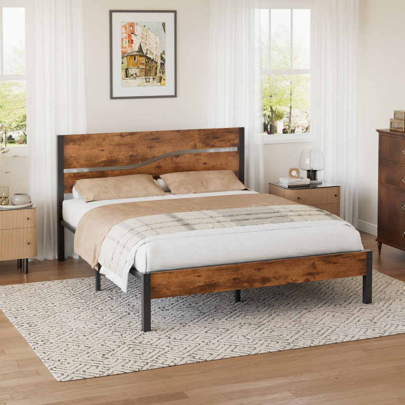 Bed Frame Single Double Size, Metal Platform Bed Frame with Wood Headboard and Footboard, Strong Steel Slats Support, No Box Spring Needed, Easy Assembly