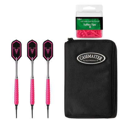 Viper V-Glo Pink 18 Gram Soft Tip Darts, Casemaster Select Black Dart Case and 100 Replacement Tips