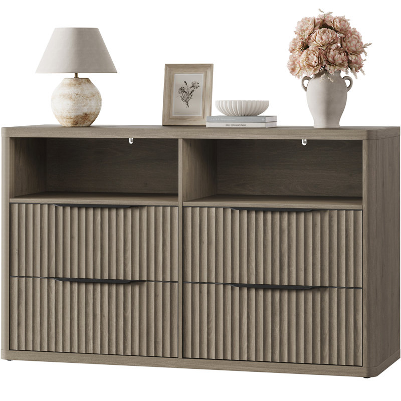  56.5"W Modern Fluted 4-Drawer Dresser With 2 Large Open Storage, Gray Alder