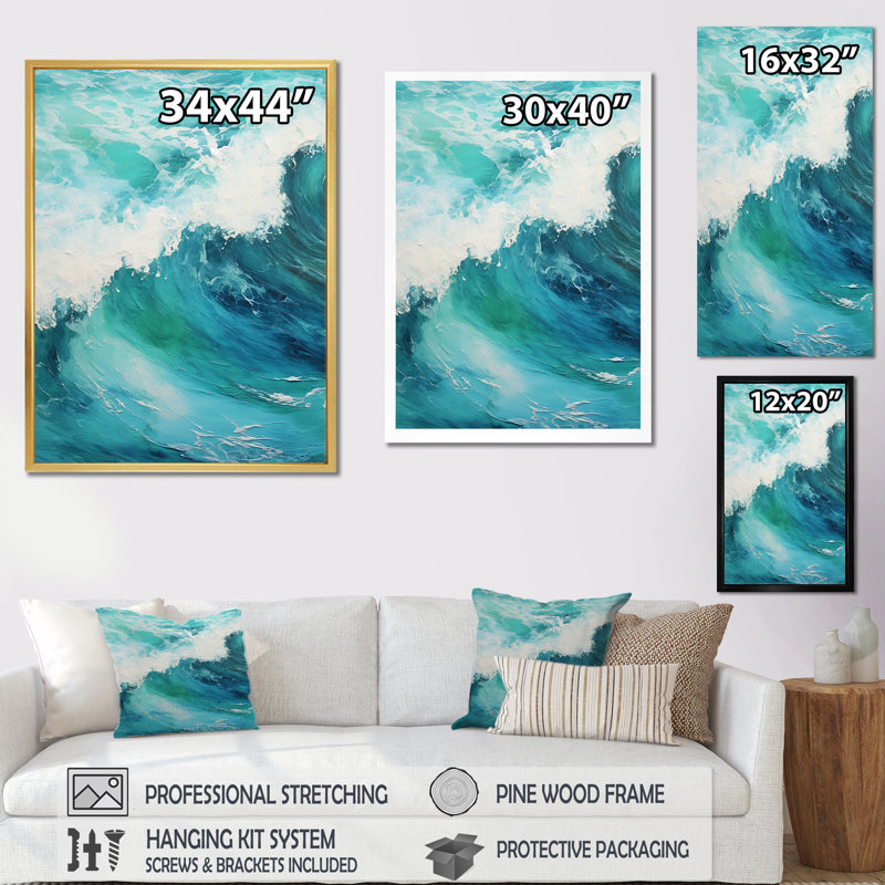 Décoration murale vague sarcelle océanique Expression I - Vagues côtières, 44" H x 34" W, Cadre argenté flottant