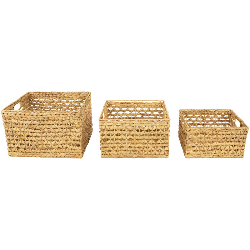 Set Of 3 Diamond Weave Rectangular Water Hyacinth Baskets With Handles 17.75"