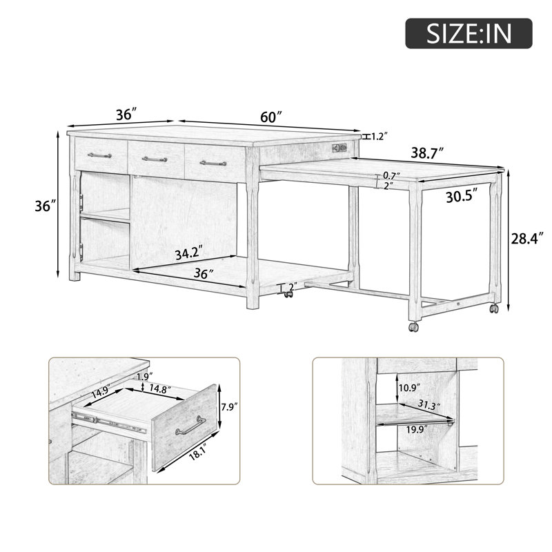Trexm Expandable Kitchen Island With Storage And Built-in Power Outlets | Retro Multi-functional Cart On Wheels With Drawers And Shelves