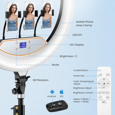 Anneau lumineux 22 pouces à DEL avec support, 512 ampoules à DEL, trépied de 75 pouces, gradateur 2600K-6500K, télécommande Bluetooth, 4 supports pour téléphone, 2 ports USB pour la diffusion en direct, maquillage, Tiktok, photographie