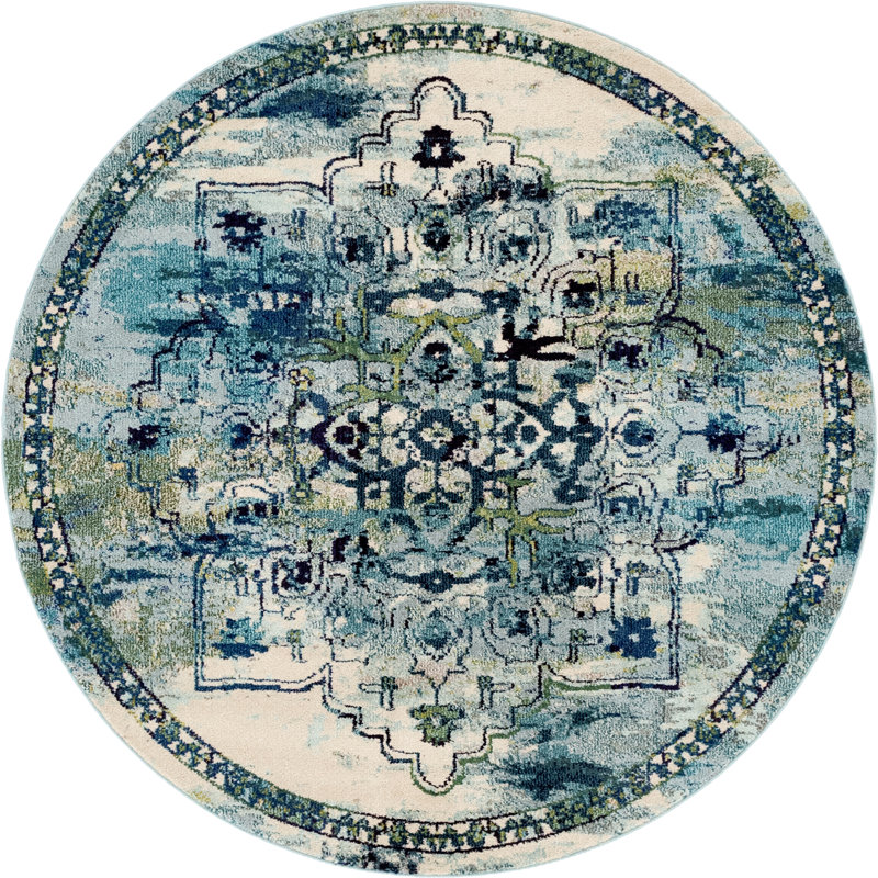 Tapis bleu tissé à la machine Holker, Rond 6 pi