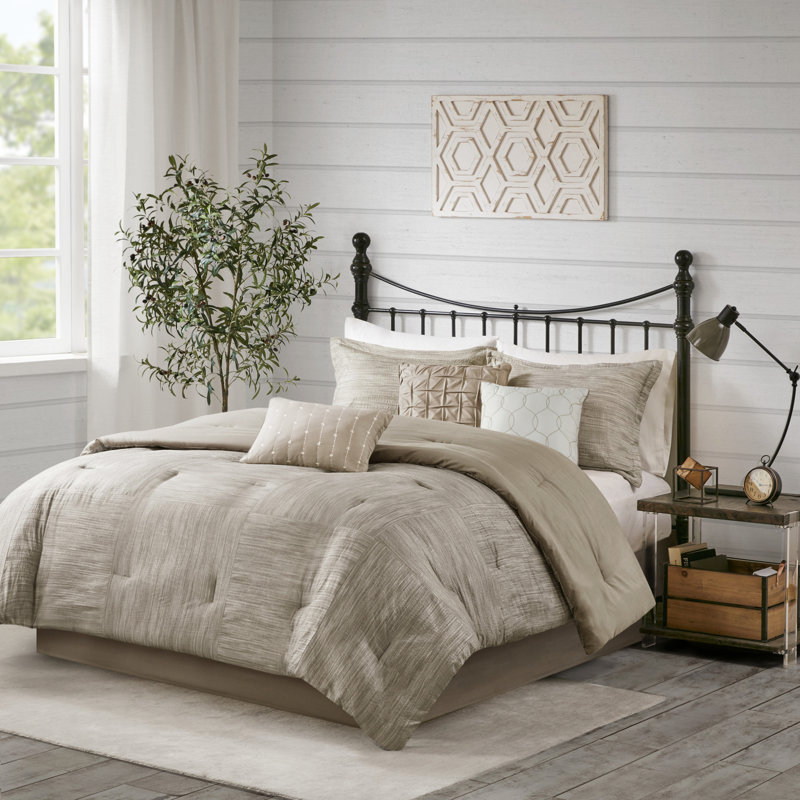Walter 7 Piece Printed Weave Seersucker Comforter Set, King Comforter + 1 Bed Skirt + 2 Shams + 3 Decorat, Taupe