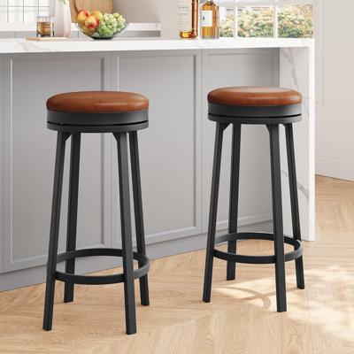 Swivel Bar Stools Set of 2, 30" Counter Height Bar Stools with Upholstered PU Leather Cushion, Backless Round Kitchen Barstools with Metal Frame for K by George Oliver