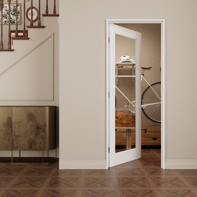 Intérieur 1 porte en verre transparent, porte pré-montée en panneau de fibres à densité moyenne CARB P2 avec verre trempé certifié SGCC, avec trousse de joint, bande d'étanchéité, charnières argentées et ouverture à gauche, teinture pré-finie et facile à bricoler, garde-manger, chambre à coucher, salle de bain et garde-robe, 32 pièces "x 80"