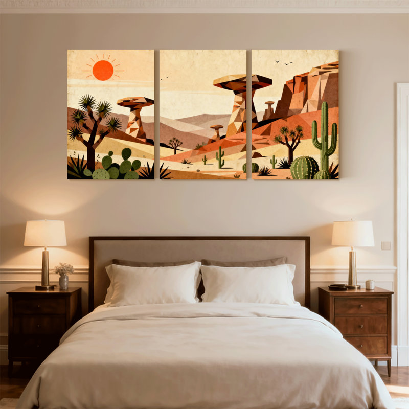 «Landscape & Nature Desert Landscape with Cacti and Rock Formations», ensemble de 3 impressions d'art sur toile
