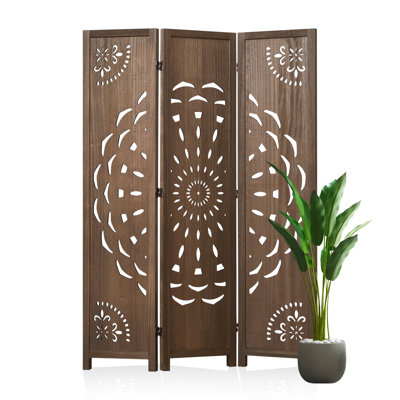 Peony Pattern Room Divider, 3-Panel, Light Brown