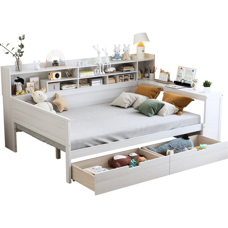 Wooden Daybed With Spacious Shelf Compartments And Studying Desk, Antique White Full Size Practical Storage Setup