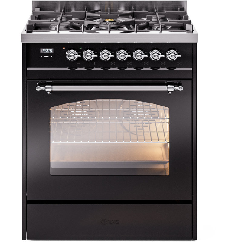 ILVE Nostalgie II 30 in Dual Fuel Range, Glossy Black/Chrome, Liquid Propane