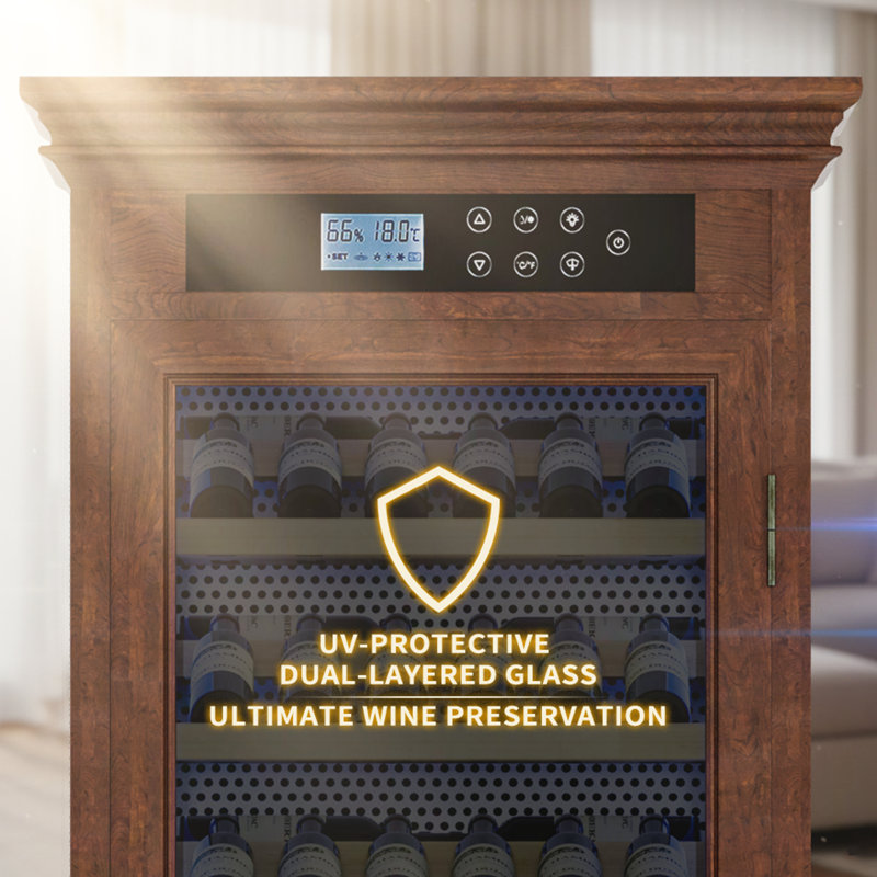 Freestanding Wine Cabinet, Stylish Wine Cooler With UV-Resistant Glass Door, LED Light & Storage Rack, Walnut