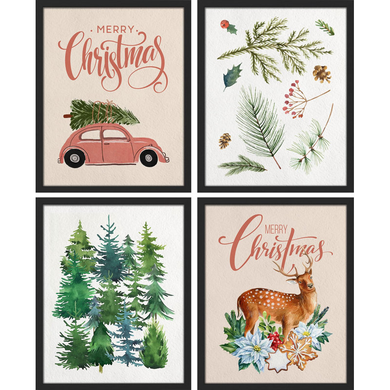 «Merry Christmas Pine» et impression de cerf sur papier, impression de 4 pièces, Blanc, H 14 po x l 11 po