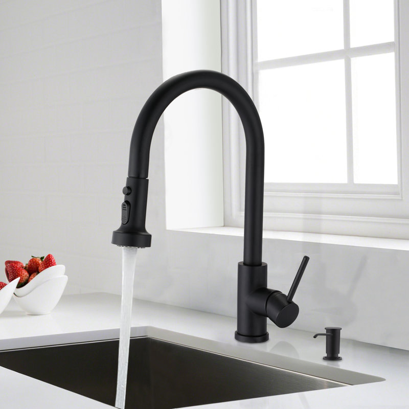 Robinet de cuisine en acier inoxydable noir mat avec distributeur rétractable et de savon, résistant aux égratignures, antirouille, bec rotatif à 360 °, débit élevé de 1,8 gallon par minute en égratignure, rouille et pivotant