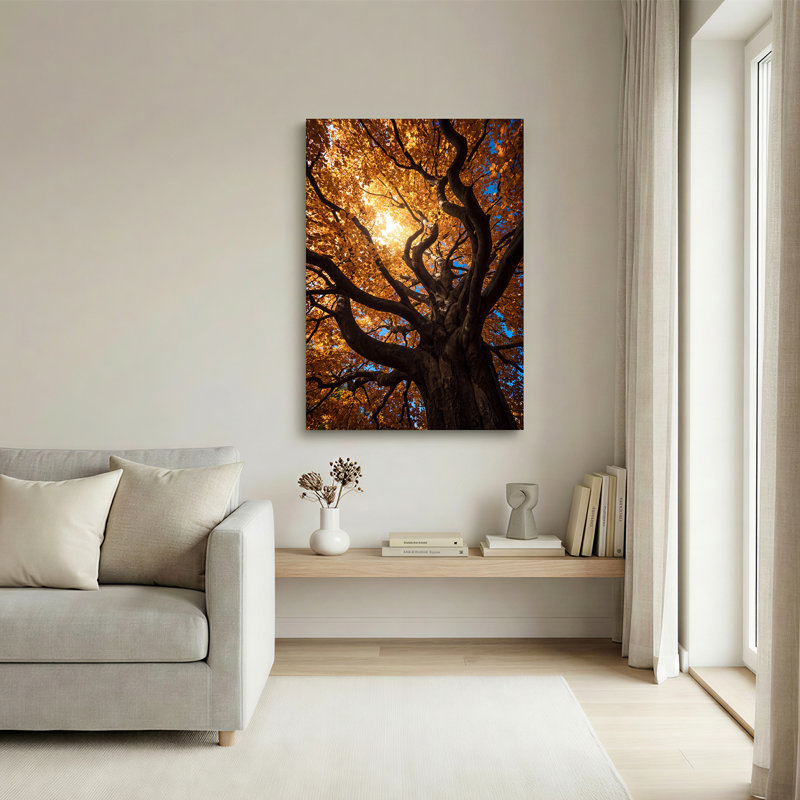 Art mural sur toile, branches d'arbres torsadées avec feuilles dorées et ciel bleu, H 48 po x l 32 po