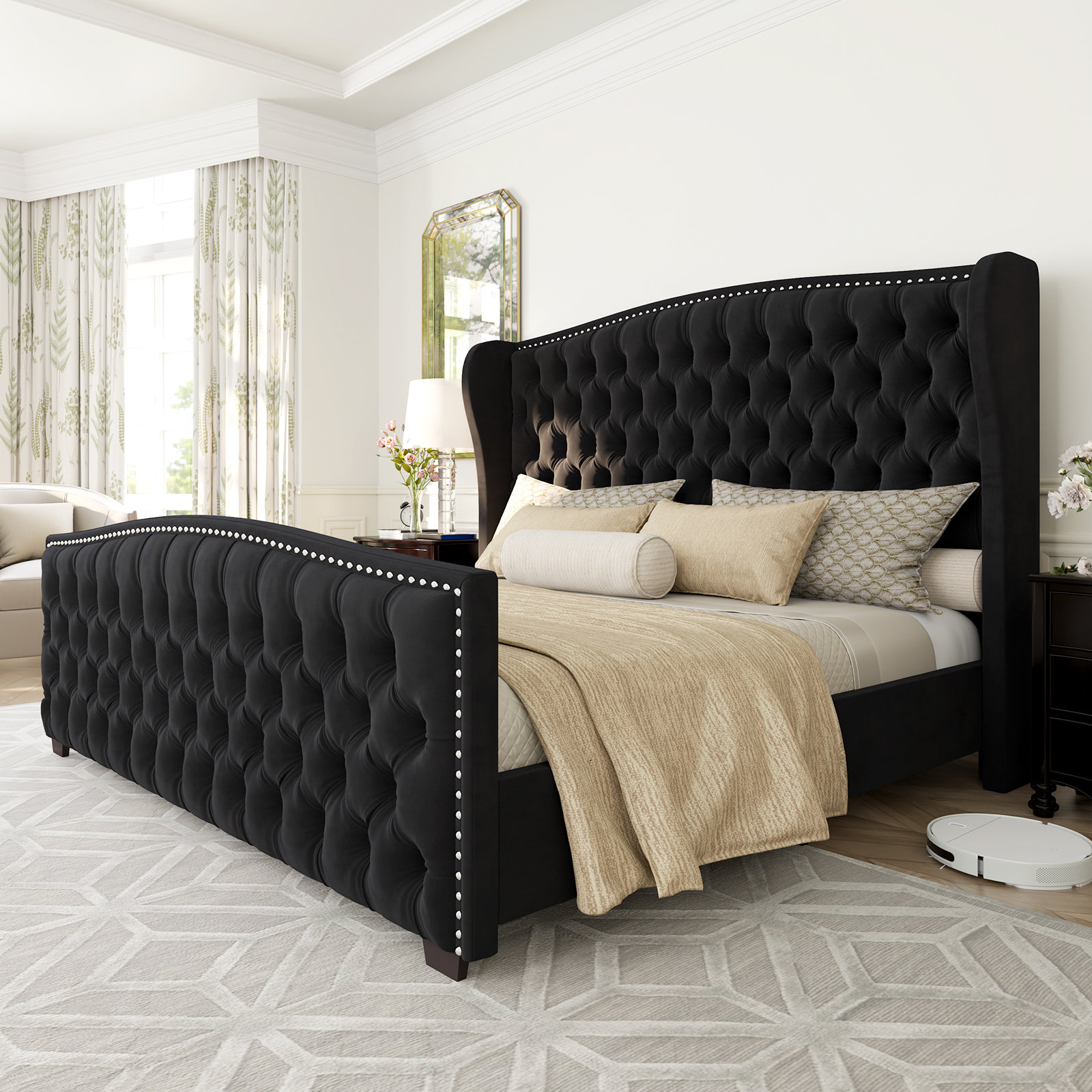DuJuan Deep Button Tufted Upholstered Bed with Nailhead Trim Wingback Headboard