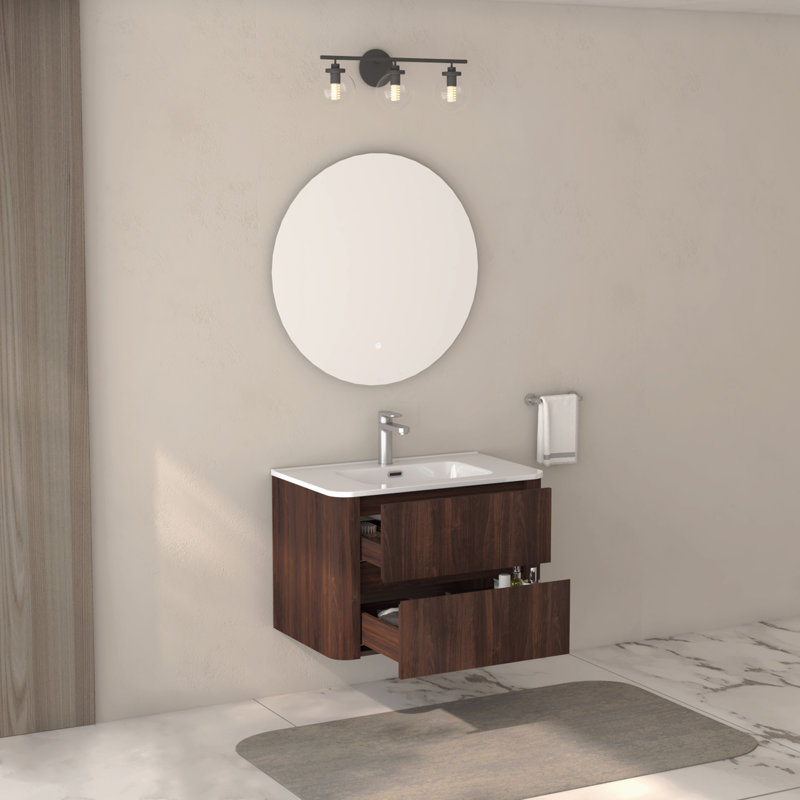 Meuble-lavabo mural 30 po avec lavabo flottant à deux tiroirs avec lavabo intégré en céramique blanche