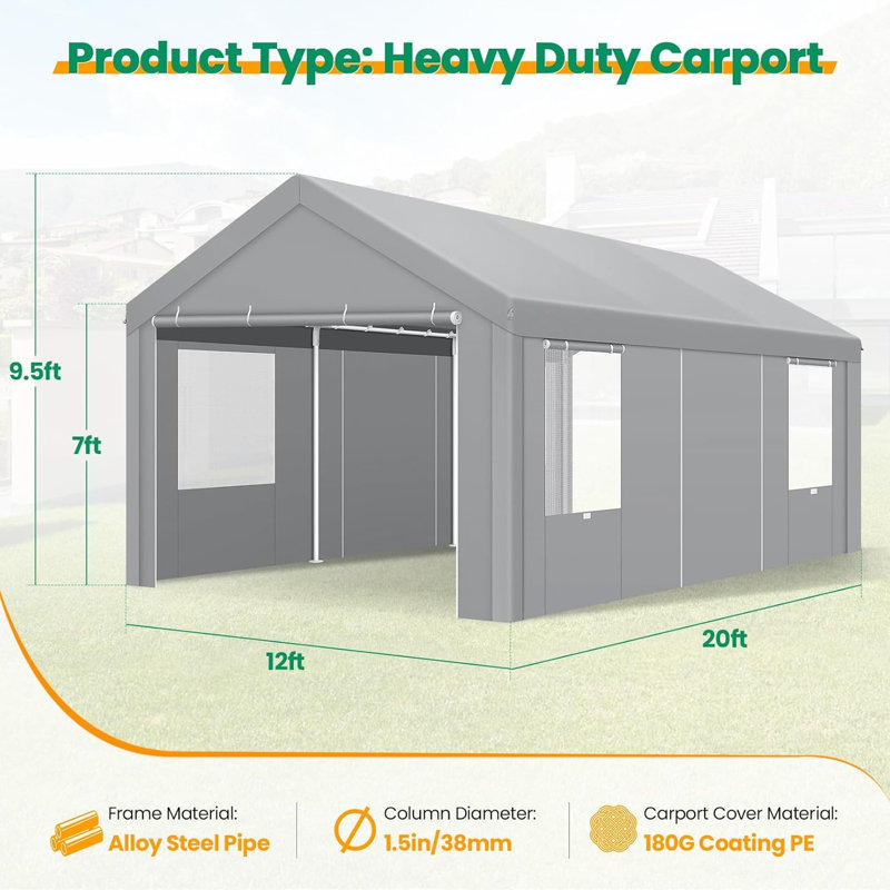 12x20 Carport Heavy Duty Car Canopy Garage with Roll-Up Ventilation Windows, Gray