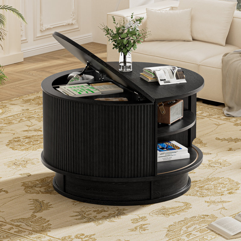 31.5" Round Fluted Coffee Table with Hidden Storage, Flip-Up Top & Rotating Base, Black