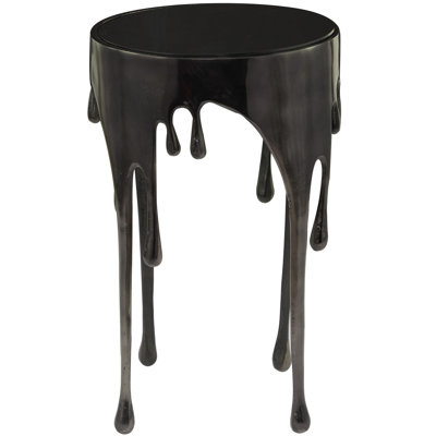 Cole and Grey Aluminum Metal Drip Abstract Black Side End Accent Table with Melting-Designed Legs and Black Glass Top