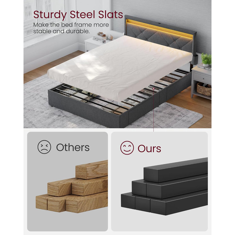 LED Bed Frame Full Size, 37.1/39.6 Inches, with Headboard and 4 Drawers, 1 USB Port and 1 Type C Port, Adjustable Upholstered Headboard, No Box Spring Needed, Dark Gray