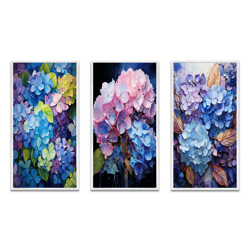 Bleu, mauve, hydrangées, pétales en mouvement - ensemble de 3 impressions, Cadre blanc, H 28 po x l 36 po