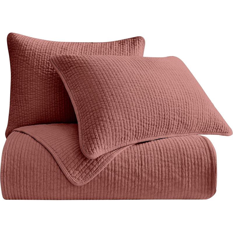 Kobie Stonewashed Cotton Modern Rustic 3 Piece Quilt Set, Salmon, Twin Quilt + 1 Standard Sham