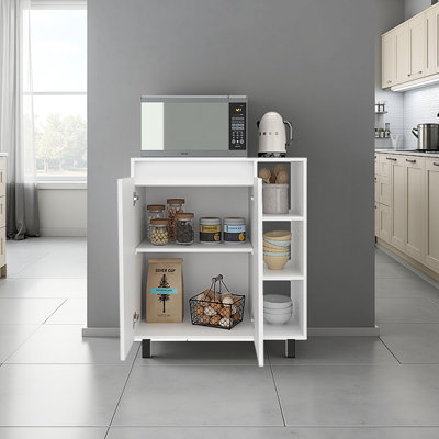 Garde-manger compact blanc autoportant avec armoire à 2 portes et 3 tablettes latérales pour four à micro-ondes, salle à manger parfaite, style moderne, fabrication en panneau de particules, surface d'appoint profonde de 16,45 po,