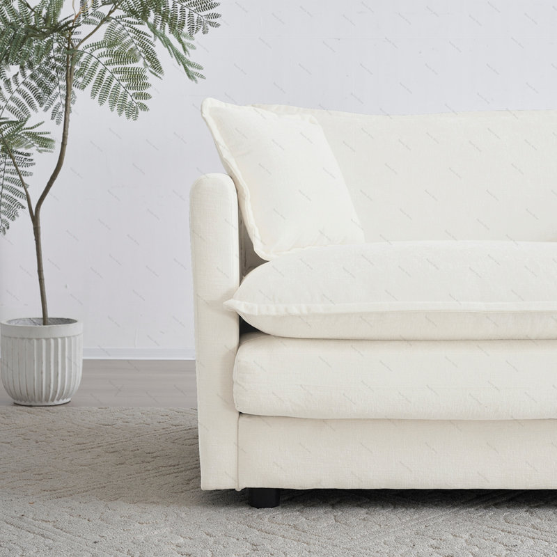 Accent Chair, High-End Chenille Upholstered Armchairs, Living Room Side Chairs With Toss Pillow, Chenille, White, 2