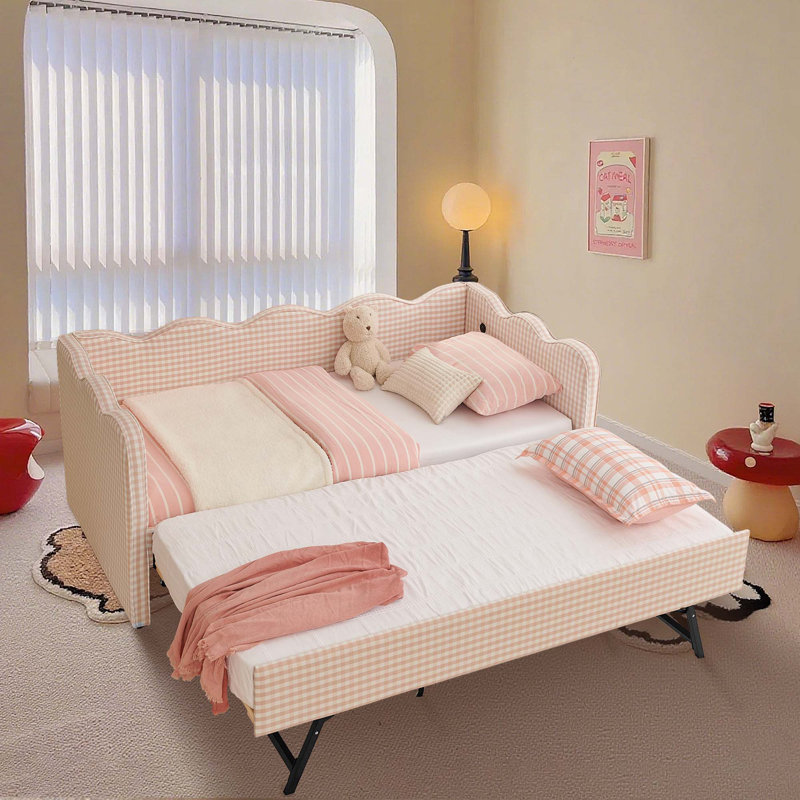 Daybed With Trundle, Sofa Bed, No Box Spring Needed, USB Port, Adorable Wave Shaped, Linen Fabric, Pink, Twin