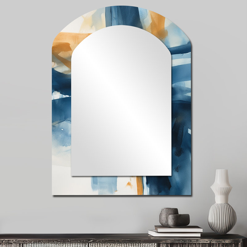 Blue and Gold Fusion VIII - Fractals Arch Decorative Mirror, Modern Asymmetrical Wall Mirror, Printed Metal Art, 34'' x 25''