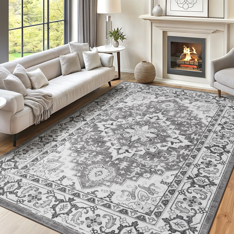 Eleana Vintage Distressed Washable Area Rug with Non-Slip Backing Gray White, Rectangle 6' x 9', Gray Beige