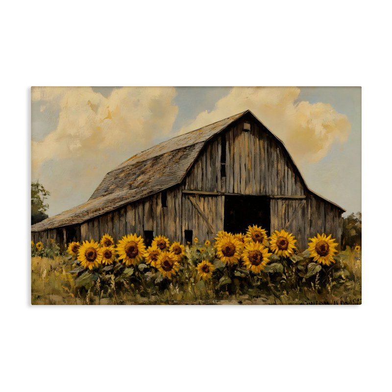 Grange sur toile de champ de tournesols, design par Franklyn Gregory, H 16 po x l 24 po