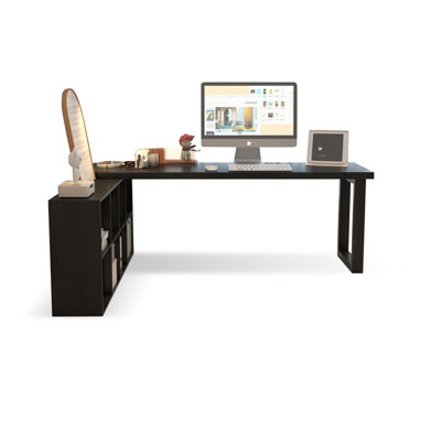 Bureau de direction en bois massif noir en forme de L