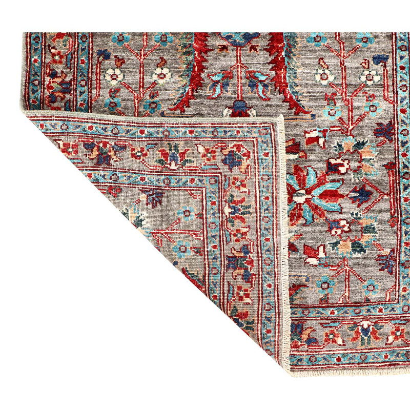 Tapis gris foncé / bleu clair / rouge de qualité unique noué à la main de haute qualité