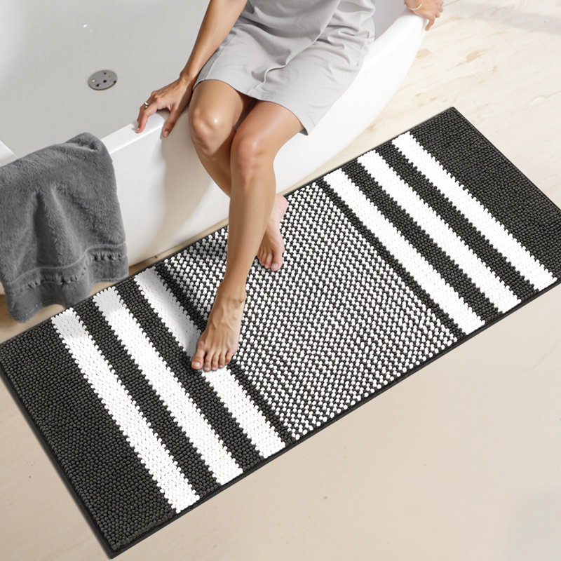 Modern Striped Chenille Bath Mat with Non-Slip Backing, 20" W x 47" L, Gray