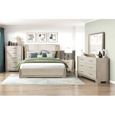 Luxurious LED Light Queen Bed Upholstered Headboard Architectural Design Brown Gray Finish Bedroom Furniture 1pc