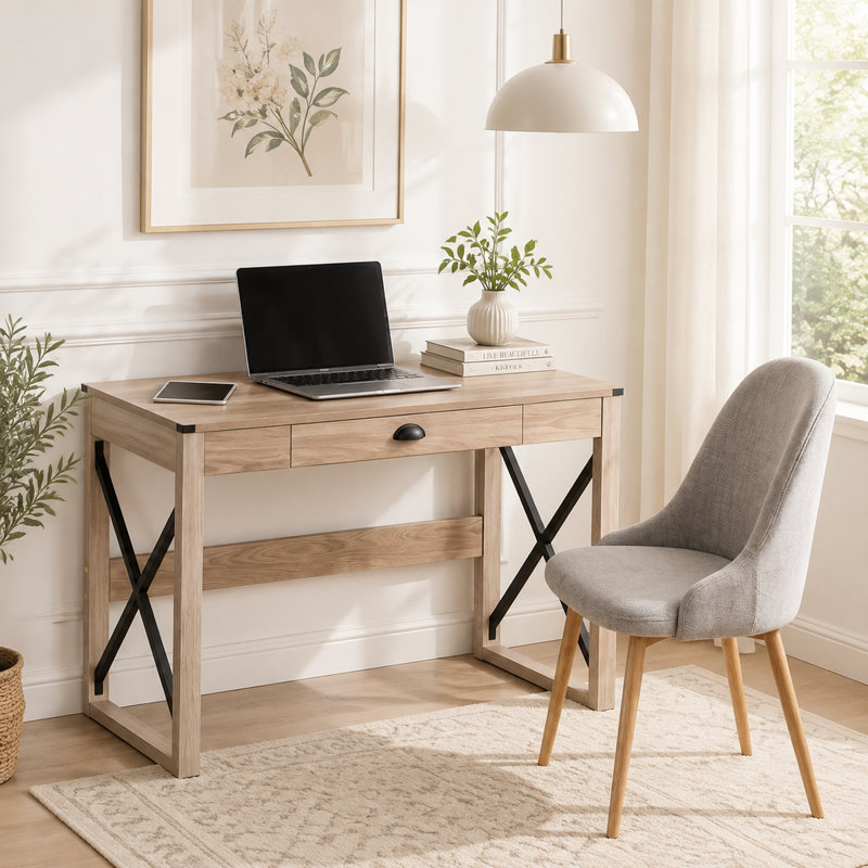 Bureau d'écriture de style simple avec tiroir, bureau d'ordinateur pour bureau et chambre, noir et naturel